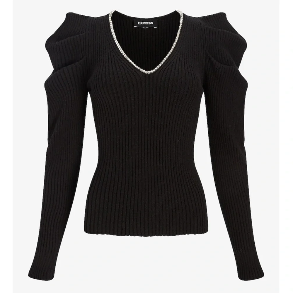 NWT Express Embellished V-Neck Puff Sleeve Sweater